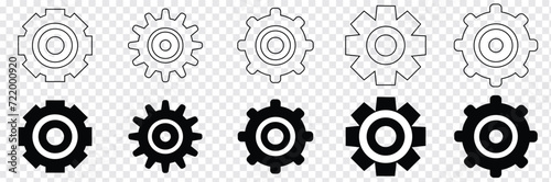Gear setting vector icon set. Isolated black gears mechanism and cog wheel on white background. Progress or construction concept. Cogwheel icons