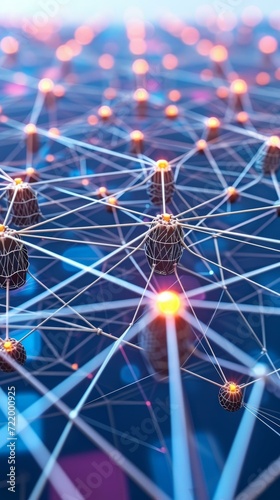 3D rendering of a neural network with glowing nodes and connections