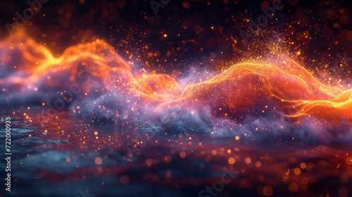 Flowing fiery orange particles with blue smoke on dark background
