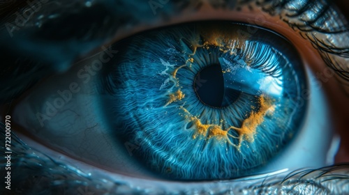 Stunning close-up image of a woman's blue eye with a hint of yellow around the pupil