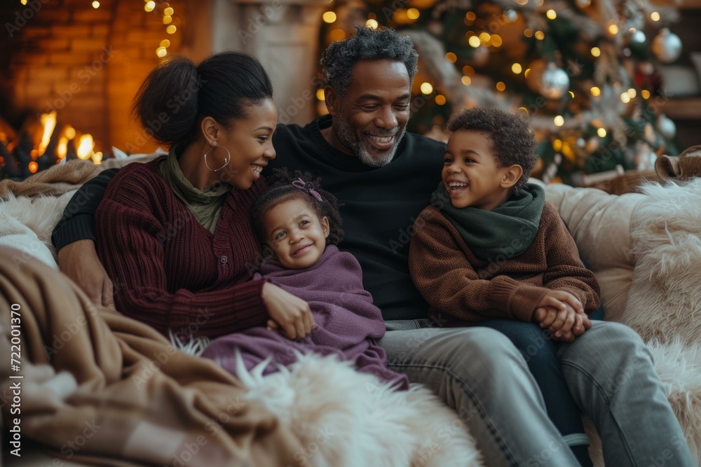 Happy African American family sitting on couch near Christmas tree