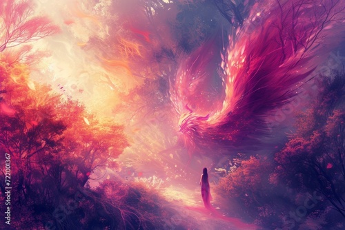 Girl watching a phoenix in the middle of the enchanted forest