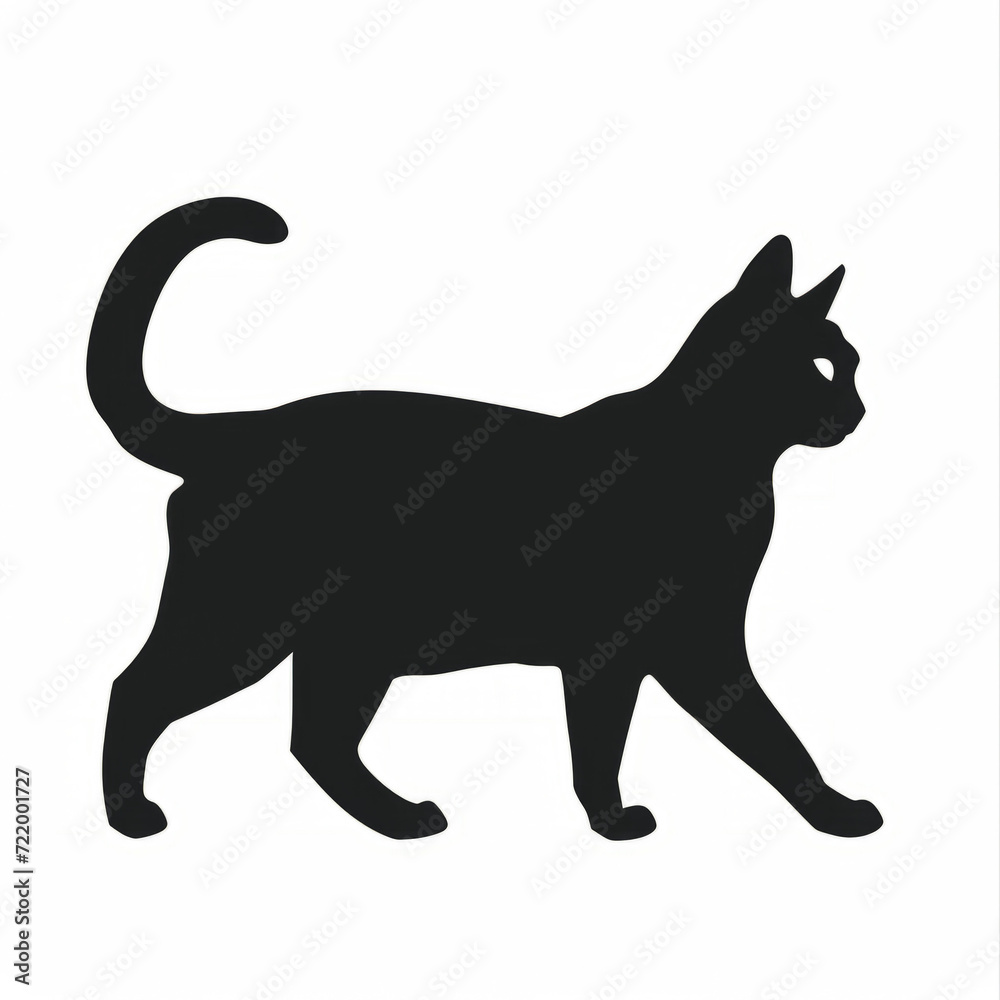Silhouette of a walking black cat on a white background