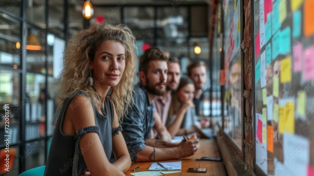 Confident businesswoman with her team brainstorming in the background Confident businesswoman with her team brainstorming in the background