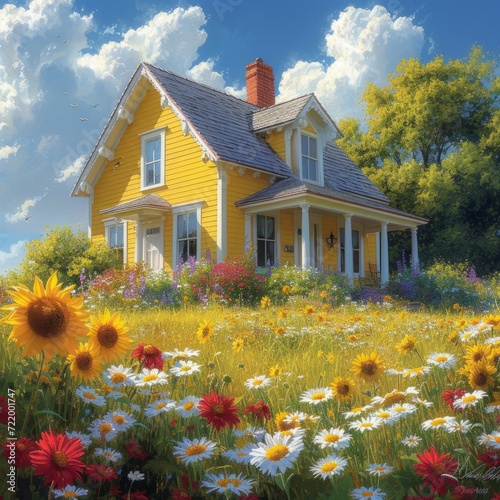Small yellow cottage with big garden and flowers