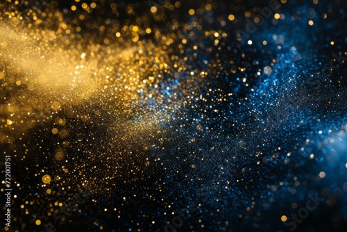 Blue and gold particles scatter in space