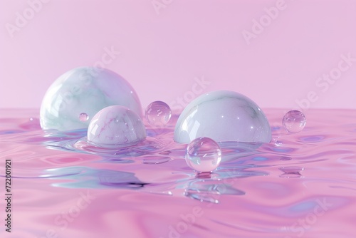 orange and pink iridecent liquid form with marble stones on pastel background photo