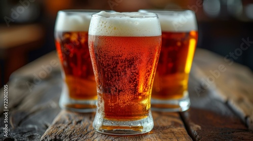 Three glasses of amber beer on a wooden table