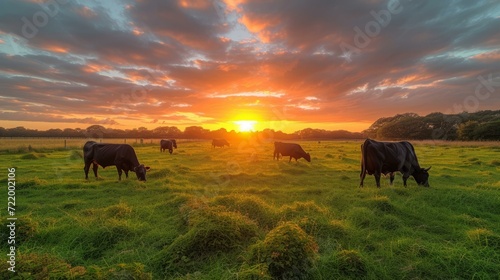 Cows grazing on a lush green pasture at sunset
