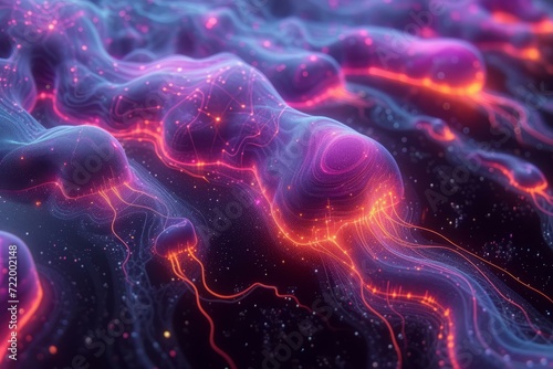 Colorful abstract background with flowing shapes and glowing particles