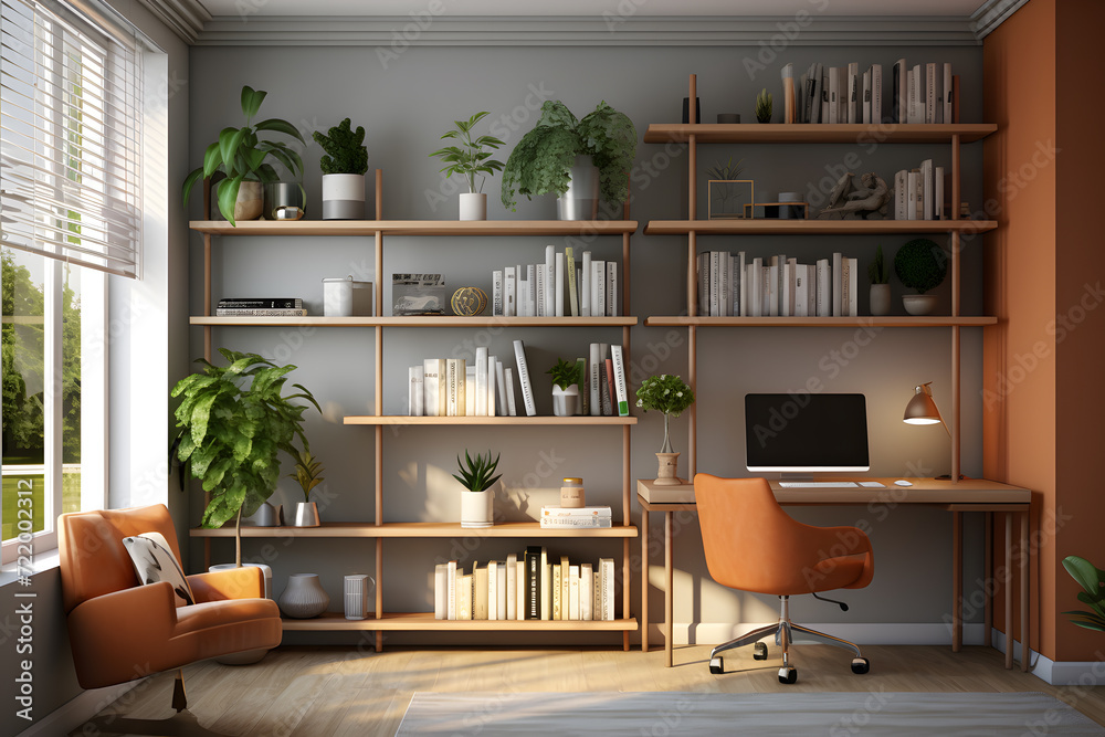 A home office with a sleek wall mounted monitor A home office with a sleek wall mounted monitor