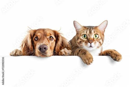 A brown dog and a cat peeking over a white board