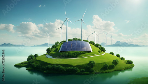 Wyspa z turbinami wiatrowymi i panelami słonecznymi