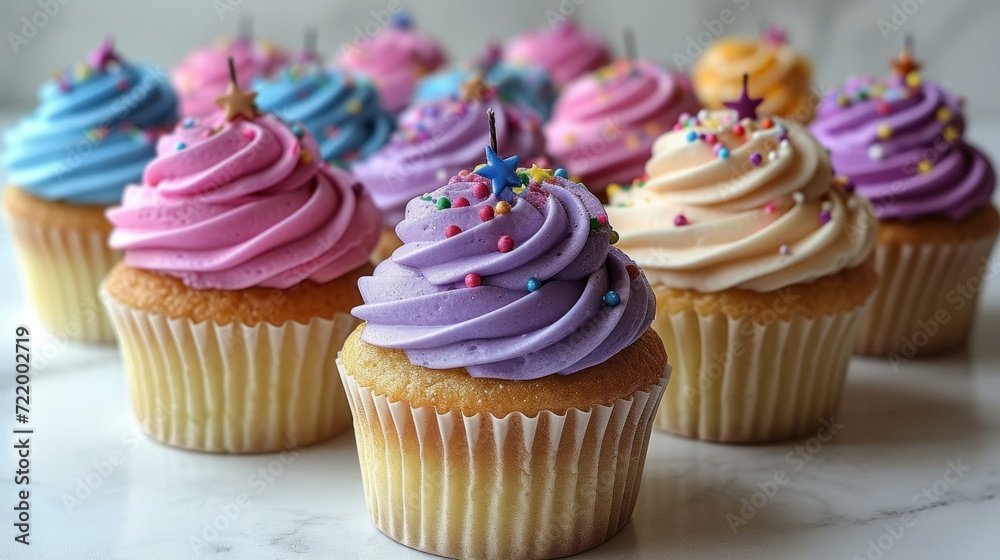Close-up image of colorful frosted cupcakes with star-shaped candles