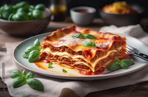 portion of Lasagna layered with ricotta cheese, ground beef, mushrooms, zucchini and tomato sauce on white plate, close-up