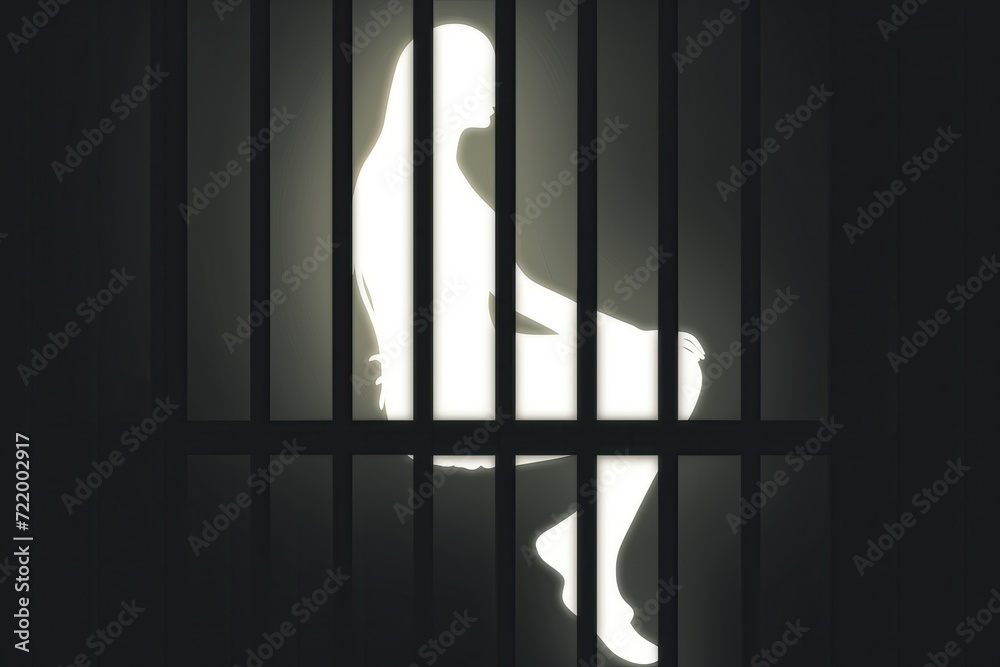 An illustration of a glowing female silhouette sitting behind the bars. Radiating spirit, energy. Jail. Spectre. Incarcerated woman. Culprit. Convict. Suspect. Felon. Woman is a sentenced prisoner An illustration of a glowing female silhouette sitting behind the bars. Radiating spirit, energy. Jail. Spectre. Incarcerated woman. Culprit. Convict. Suspect. Felon. Woman is a sentenced prisoner