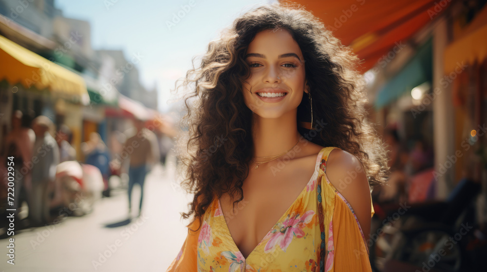 Radiant young woman with curly hair and a floral dress enjoys a vibrant market street atmosphere summer in the city.
