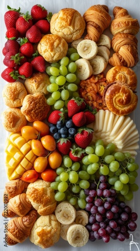 A delicious breakfast buffet with fresh fruits  pastries  and croissants