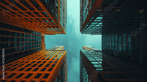 A view inside of some tall buildings towards the sky