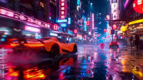 A sports car drives through a busy city street at night in the rain with a blurred background of city lights and people walking by. © Molostock