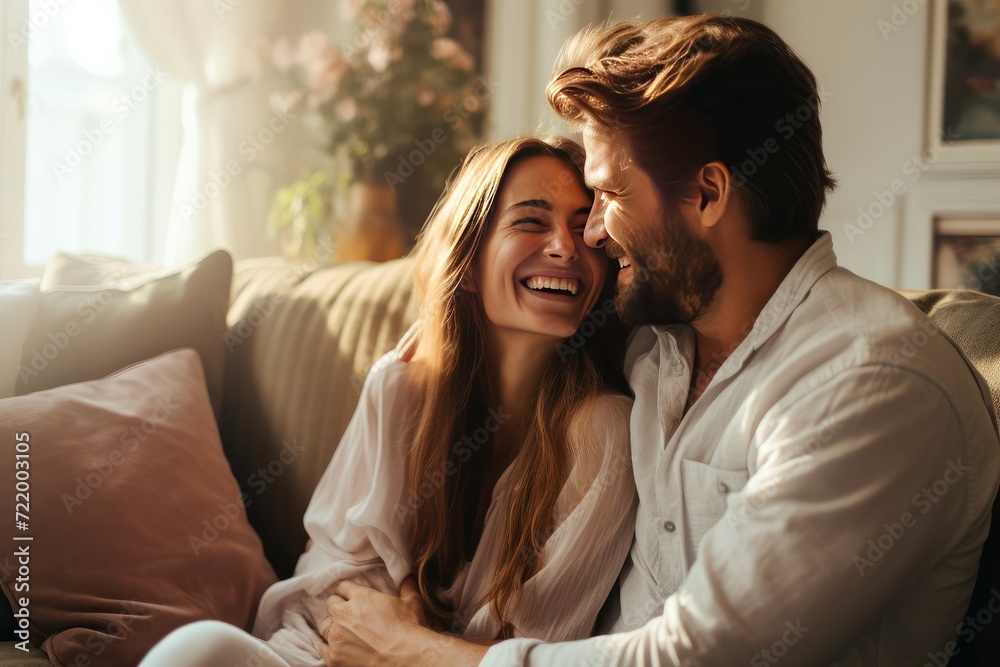 portrait of smiling young Caucasian man and woman relax on couch in living room. Happy millennial couple renters tenants rest on sofa at home, enjoy leisure weekend together. Young couple hugging portrait of smiling young Caucasian man and woman relax on couch in living room. Happy millennial couple renters tenants rest on sofa at home, enjoy leisure weekend together. Young couple hugging