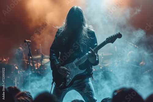 Rock musician playing the electric guitar on stage during a live concert photo