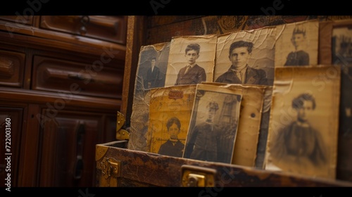 A collection of old photographs in a wooden box photo