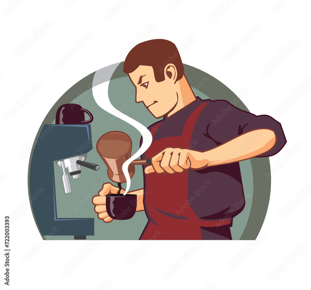 Barista in uniform at work, holding a cezve and a cup, preparing a coffee drink, coffee machine, comic style vector illustration