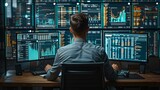 Male stock trader analyzing financial data on multiple computer screens in a dark room.