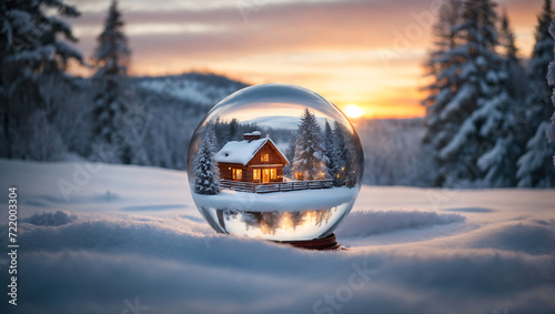 Odbicie górskiej chaty w szklanej kuli na śniegu