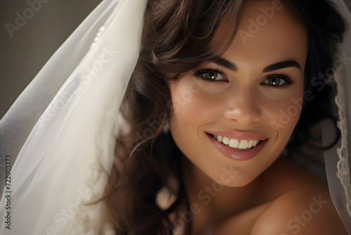 Face of happy bride with wedding veil