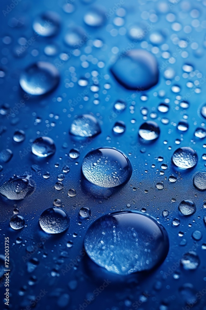 Blue water drops on a blue background