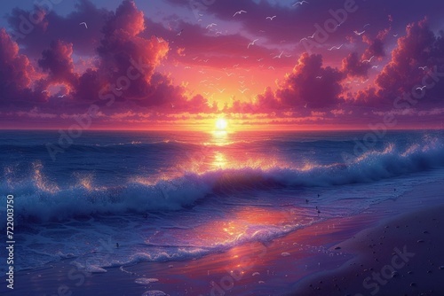 Beautiful sunset over the ocean with waves crashing on the shore