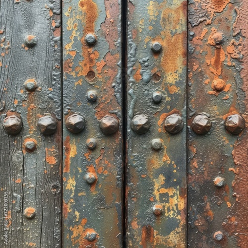 Close up of rusty metal door with rivets
