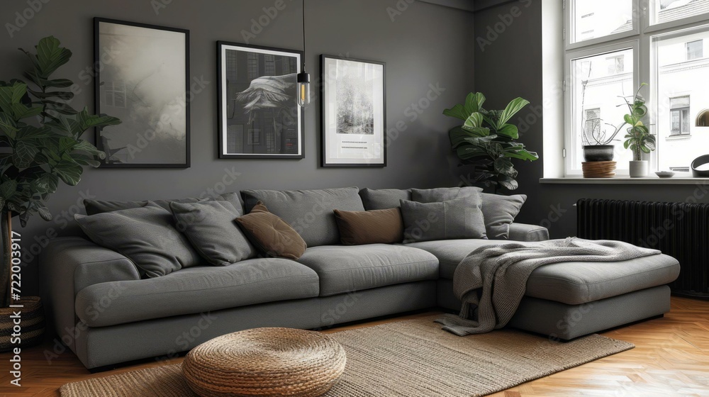 Fototapeta premium A gray couch in a living room with a gray wall and brown throw pillows