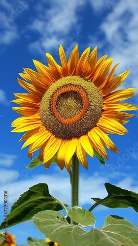 Bright yellow sunflower in full bloom against a blue sky