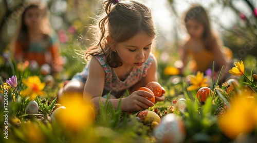 Joyful stock photo of a family Easter egg hunt in a blossoming spring garden, with children searching for colorful eggs among flowers, symbolizing the fun and excitement of the holiday photo