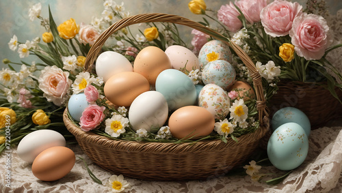 Wielkanocny Koszyk Pełen Jajek i Kwiatów