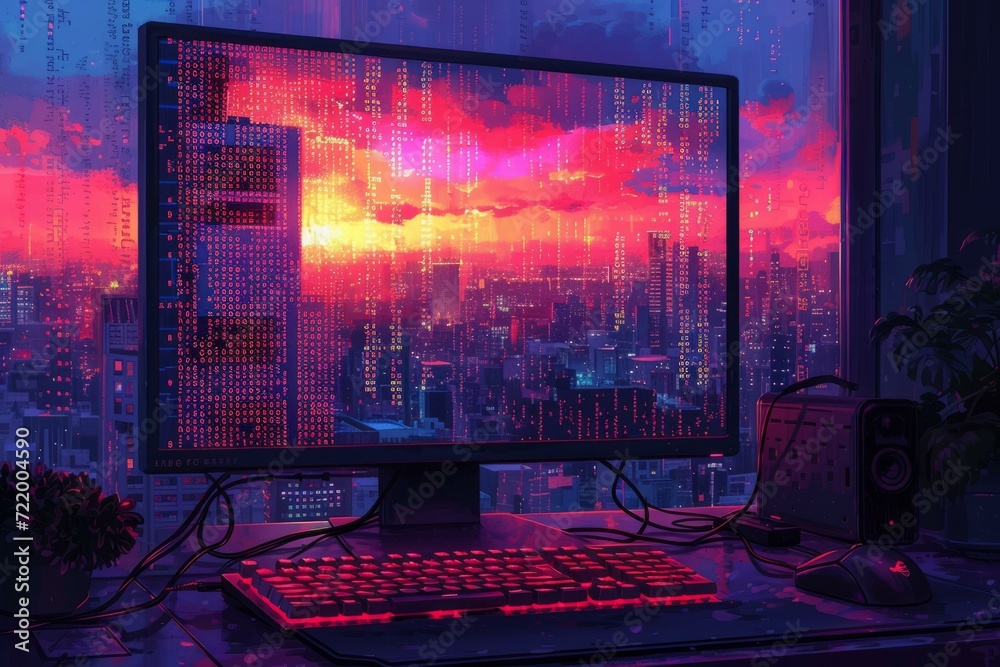 A computer monitor displaying a cityscape with a red sky and falling code. A computer monitor displaying a cityscape with a red sky and falling code.