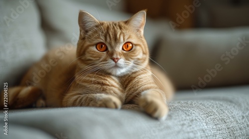 A ginger cat is lying on a gray sofa looking at the camera