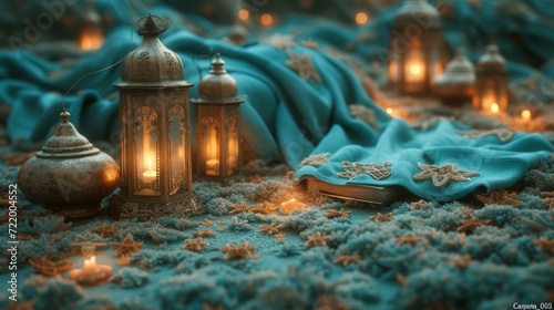Ornate golden lanterns and an open book on a blue carpet with starfish-like decor