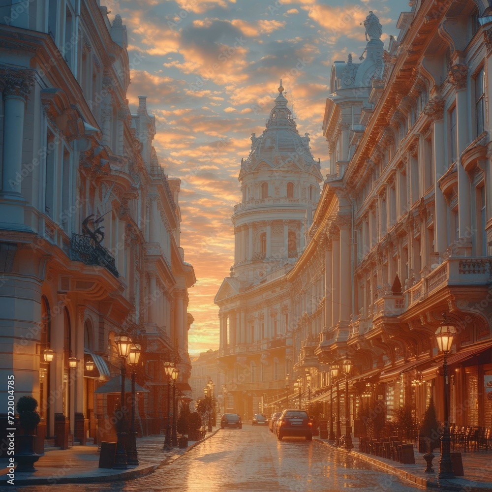 European style street with classical buildings and a golden sky