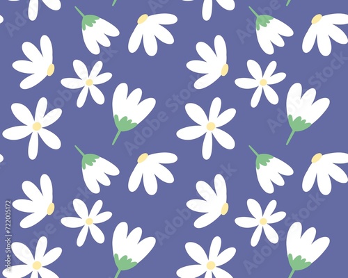 Seamless pattern with white daisy on blue background 