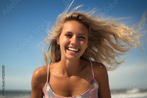 Young attractive blond woman with hair blowing in wind having fun at beach