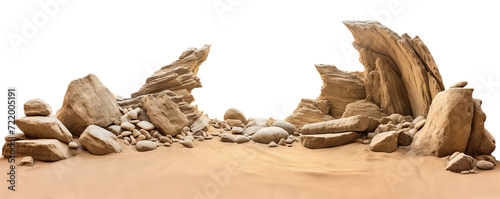 Varied rock formations arranged on a smooth sand surface, cut out photo