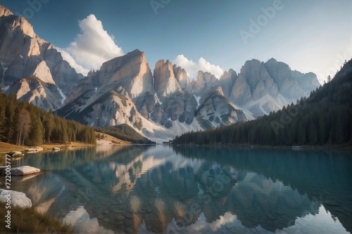Beautiful view of The Lake Braies landscape (Lago di Braies , Pragser Wildsee) in Dolomites mountains, Sudtirol, Italy