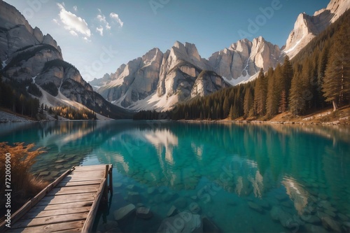 Beautiful view of The Lake Braies landscape (Lago di Braies , Pragser Wildsee) in Dolomites mountains, Sudtirol, Italy