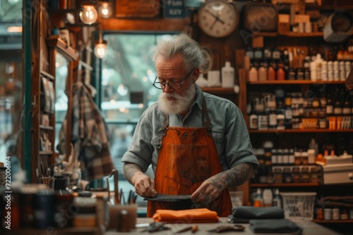 A dedicated craftsman, dressed in a sturdy apron, diligently works in his workshop among shelves of tools and a ticking clock, bringing life to the inanimate objects of his store with skilled hands