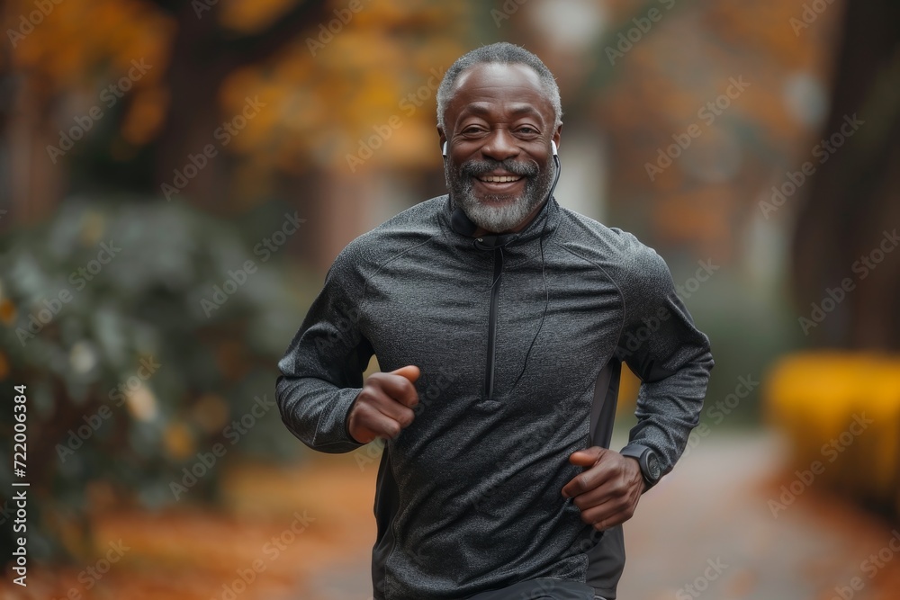 A jubilant man, his face beaming with a smile, dashes through the park in his casual attire, reveling in the freedom and beauty of the great outdoors A jubilant man, his face beaming with a smile, dashes through the park in his casual attire, reveling in the freedom and beauty of the great outdoors