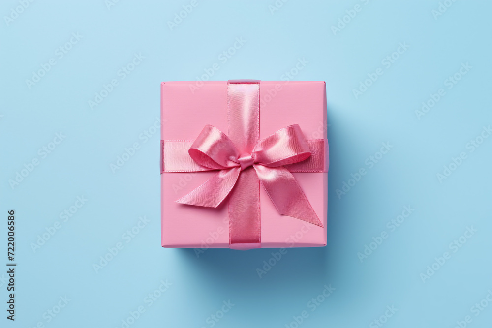 Top view of pastel pink gift box with ribbon on blue background